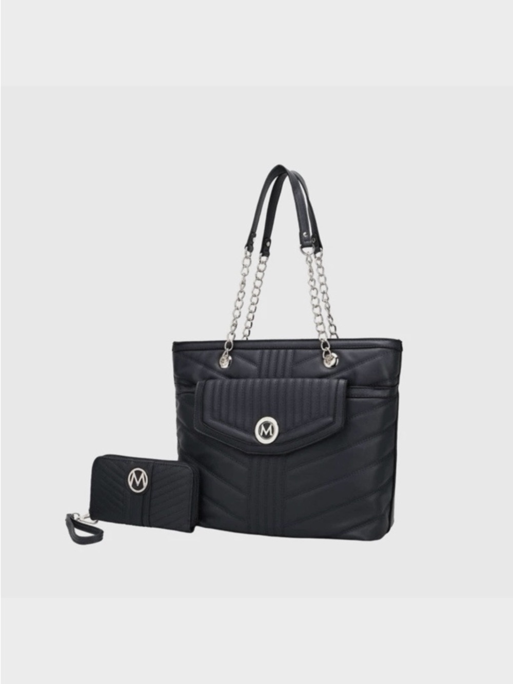 MIA Quilted Black Tote with Gold Chain Straps and Matching Wallet NWOT